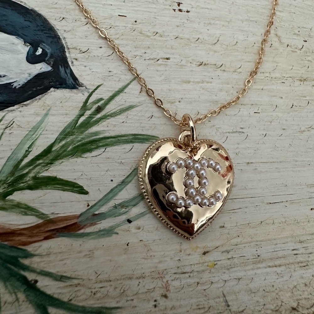 CHANEL~Gold Heart Pendant Necklace with Pearl Accents
